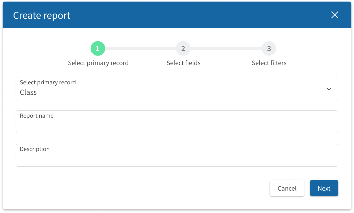 Image of the custom report builder page and modal