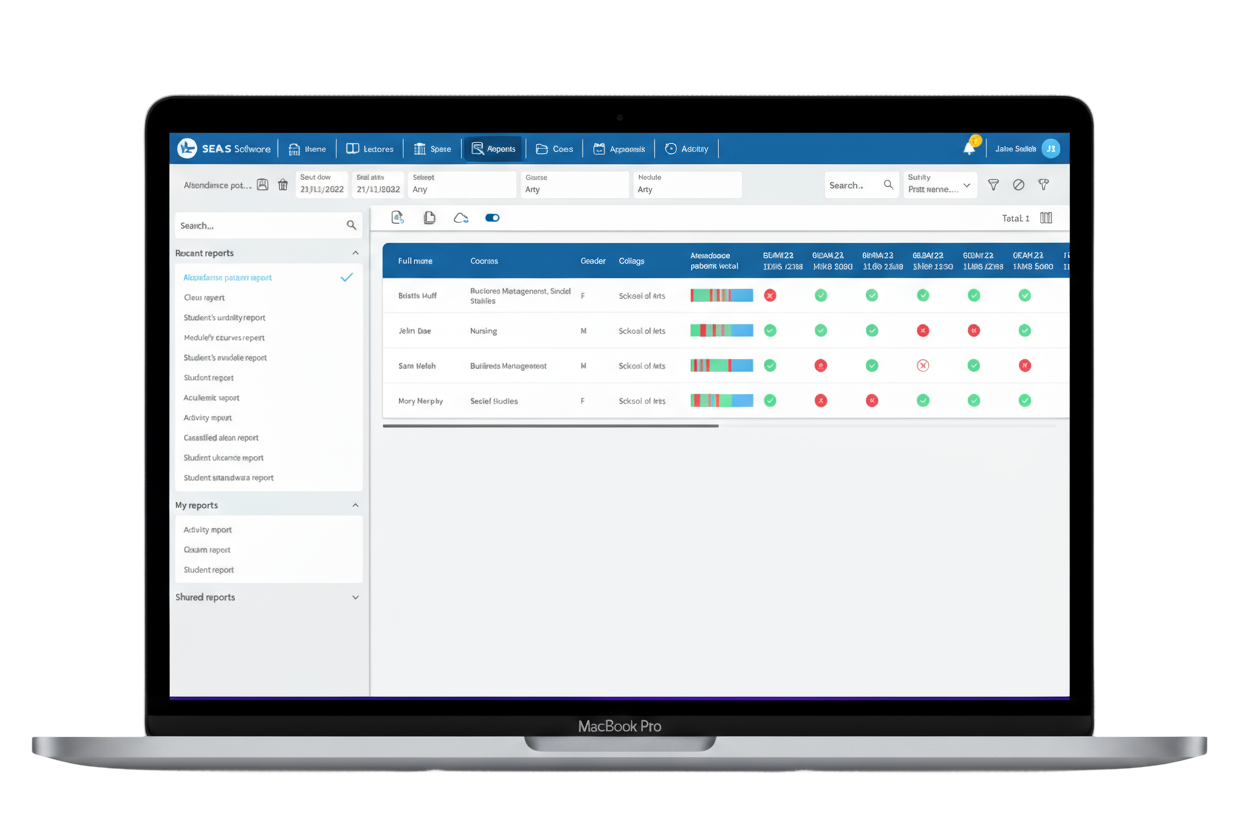 Screens from the Custom Report Builder, showing configurable fields, filters, and real-time report previews