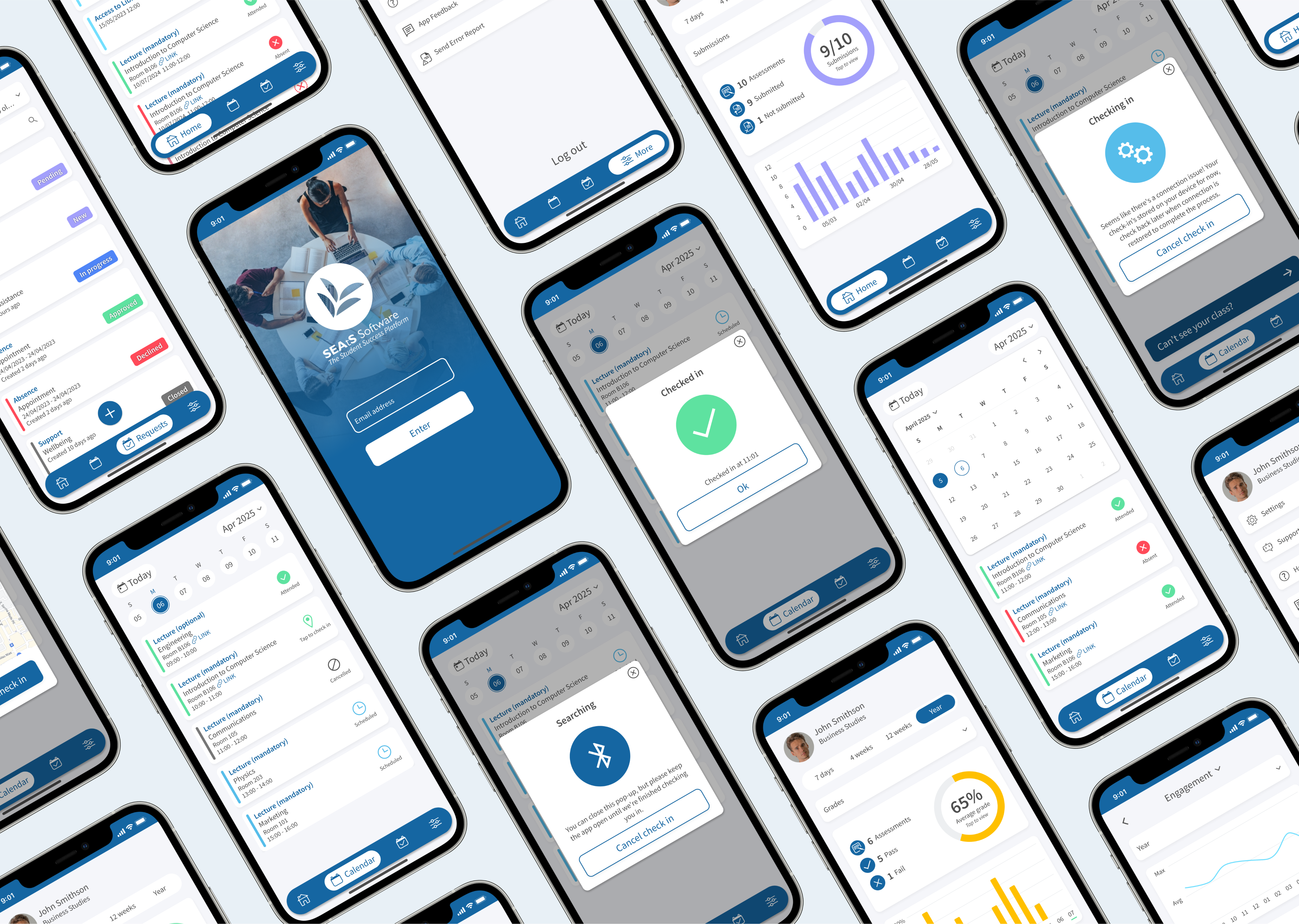 Screens from the redesigned and migrated mobile app, showing the updated interface, navigation, and key user flows